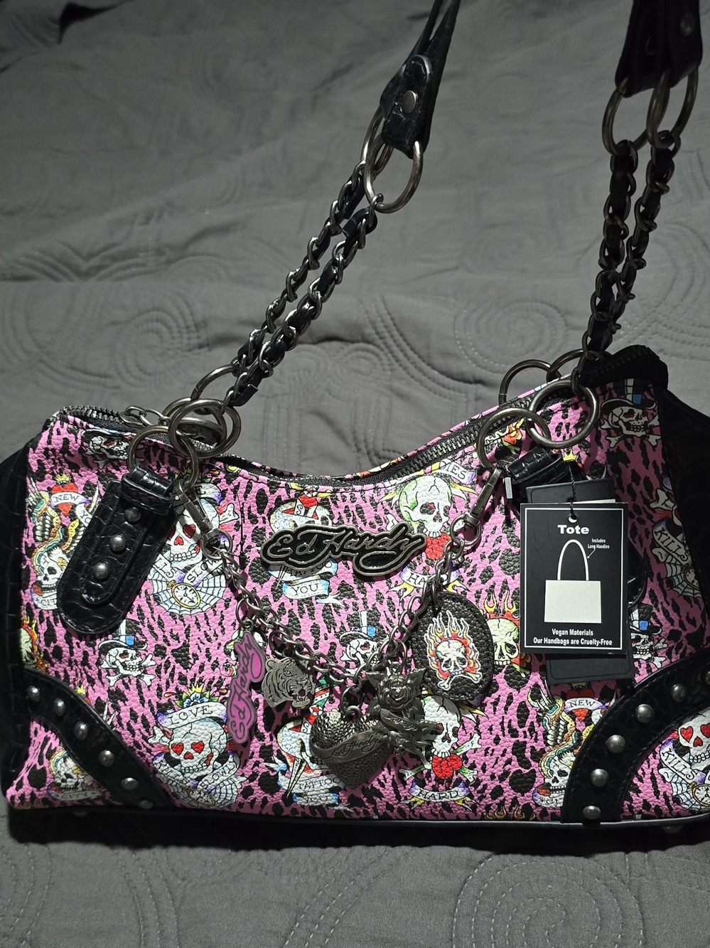 Ed Hardy Pink Graphic Tote Bag with Chain Straps